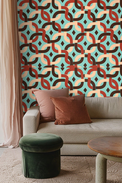 Interlocking curved loops in brown, rust, and beige on aqua background forming geometric chain pattern