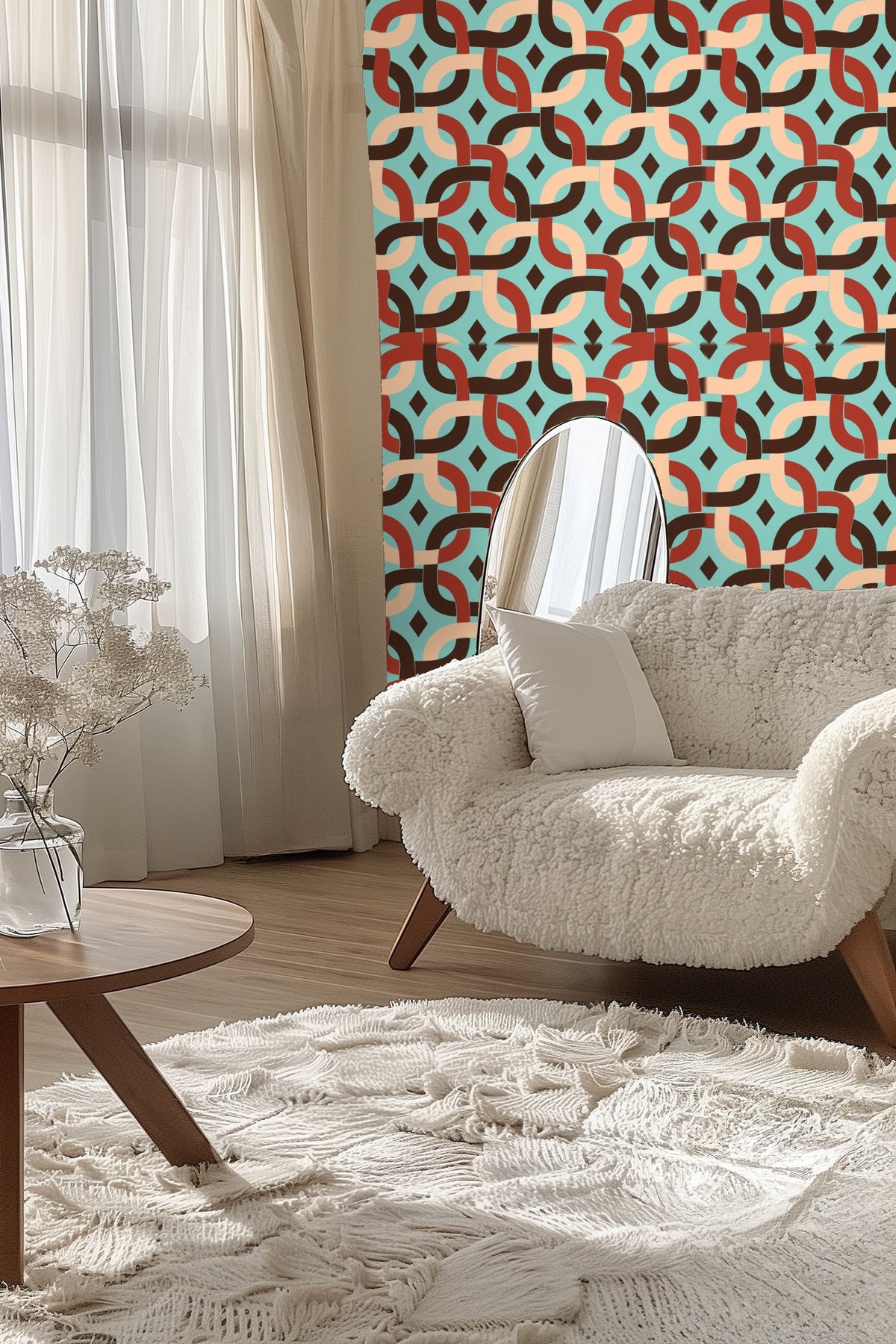 Rust-colored curved bands creating graphic interest
