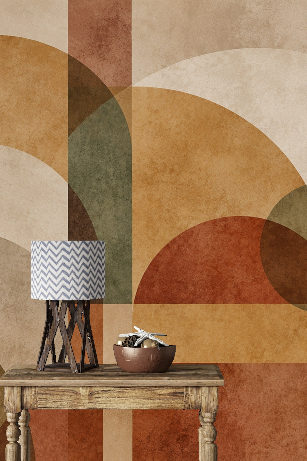 Living space accentuated by warm geometric wallpaper and minimalist wooden furniture