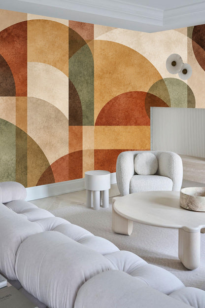 Textured wallpaper with layered geometric shapes in autumnal palette