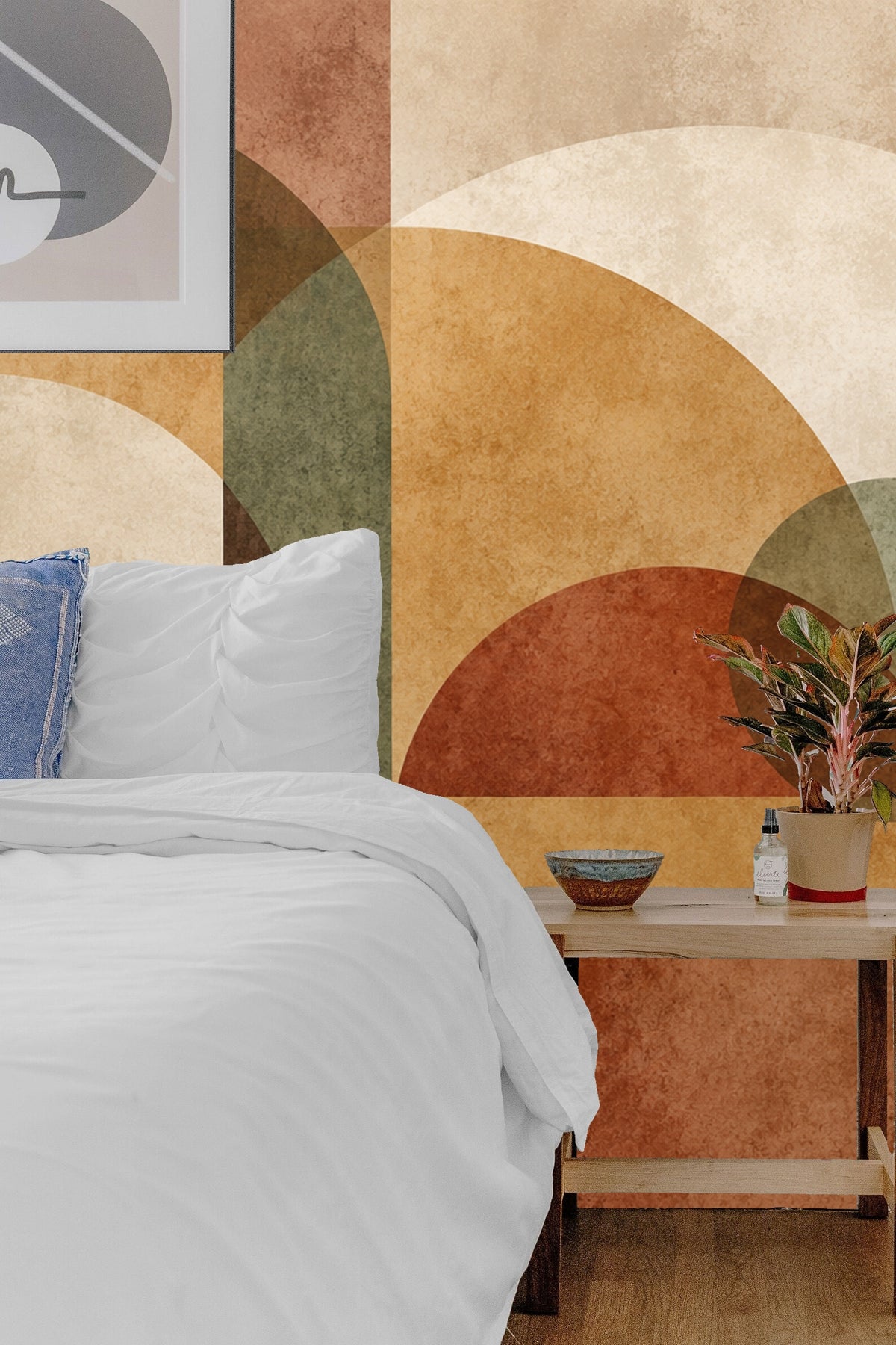 Earthy geometric wallpaper creating a layered architectural effect on wall