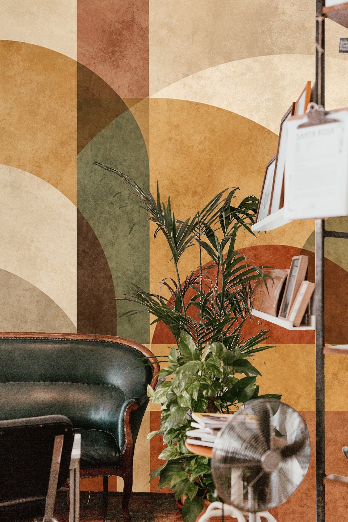 Detail of diffused texture on overlapping geometric wallpaper pattern