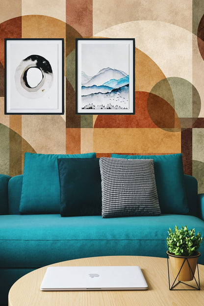 Rust and ochre colored abstract wallpaper in a bright modern room