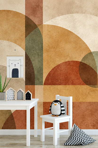 Large scale arch and circle pattern wallpaper in warm earthy tones