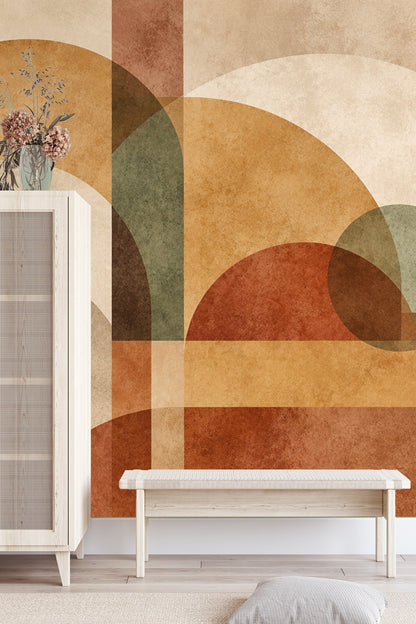 Abstract geometric wallpaper with rust, ochre, beige, and sage overlapping arches and rectangles