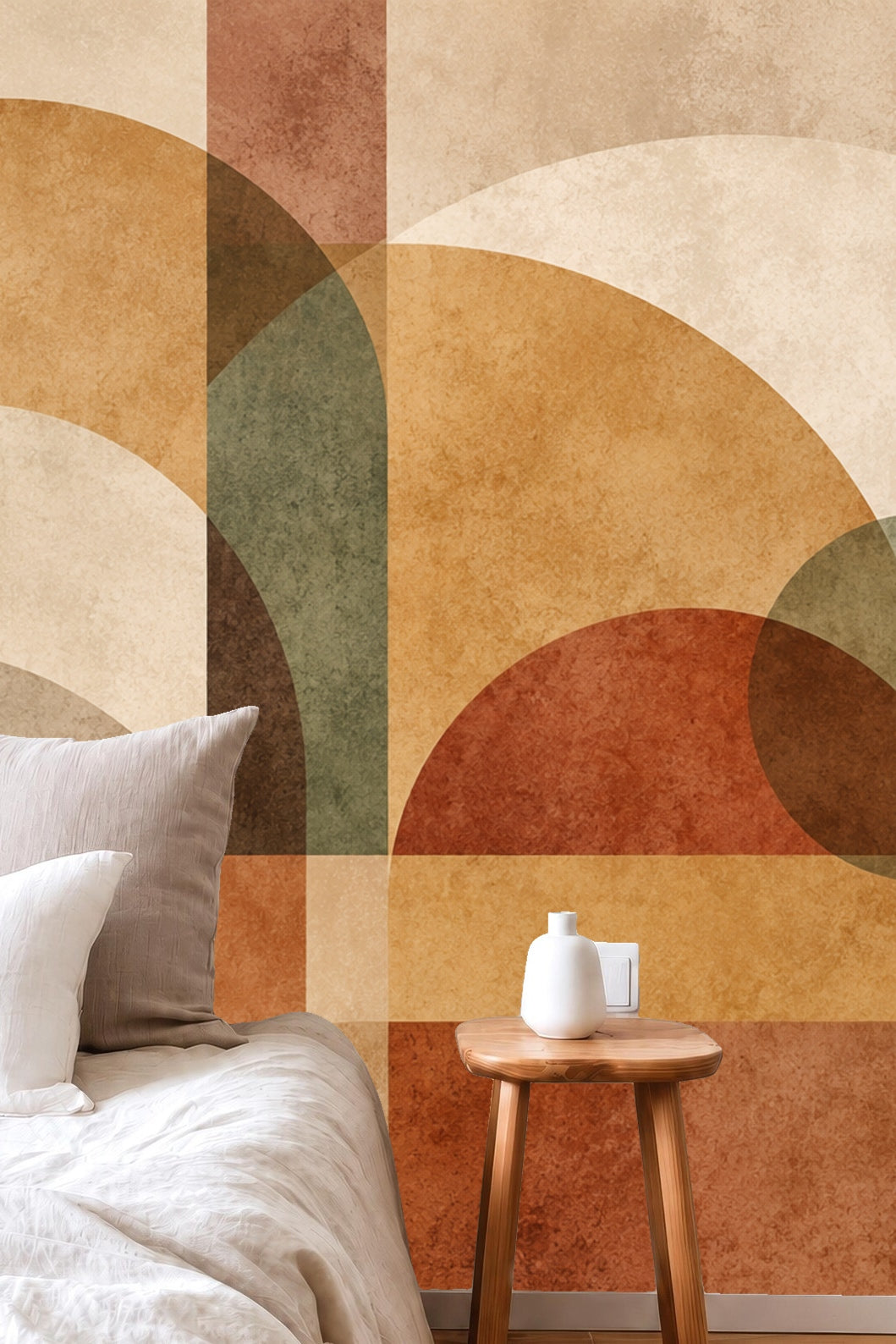 Interior room featuring the Terra Arc Mural with natural wood cabinet and dried flowers