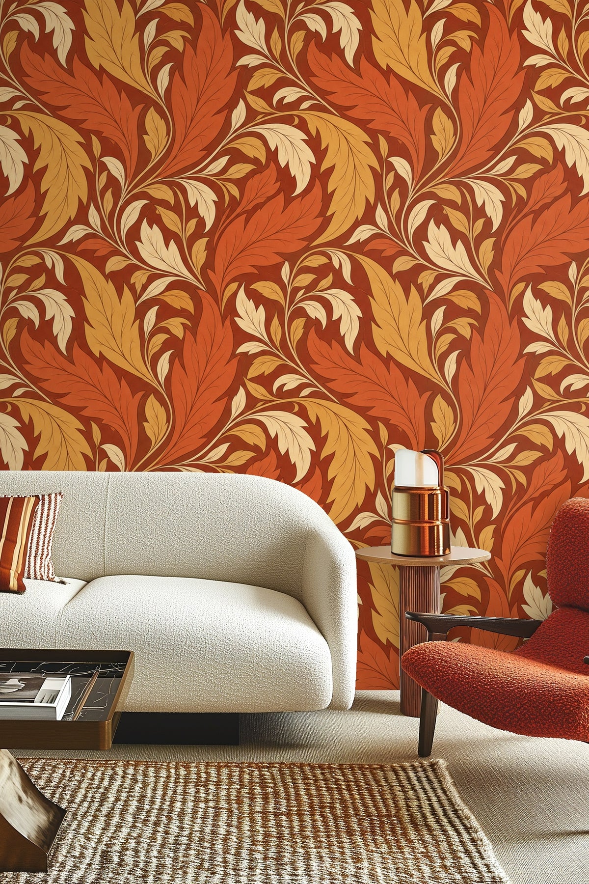 Room corner with wallpaper pattern featuring intertwined large leaves in autumn shades.