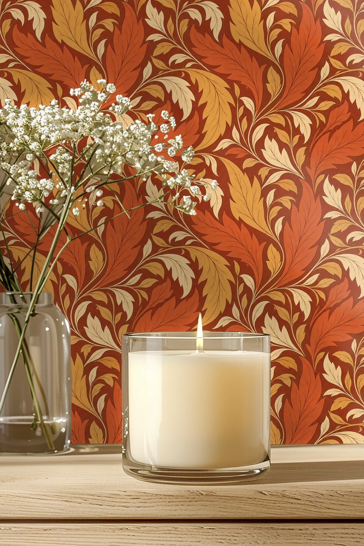 Bathroom medicine cabinet door open showing wallpaper with rich terracotta leaf scroll.