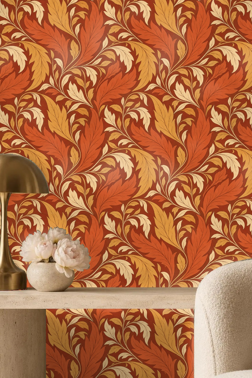 Wallpaper pattern highlighting the contrast of creamy and ochre leaves on terracotta ground.
