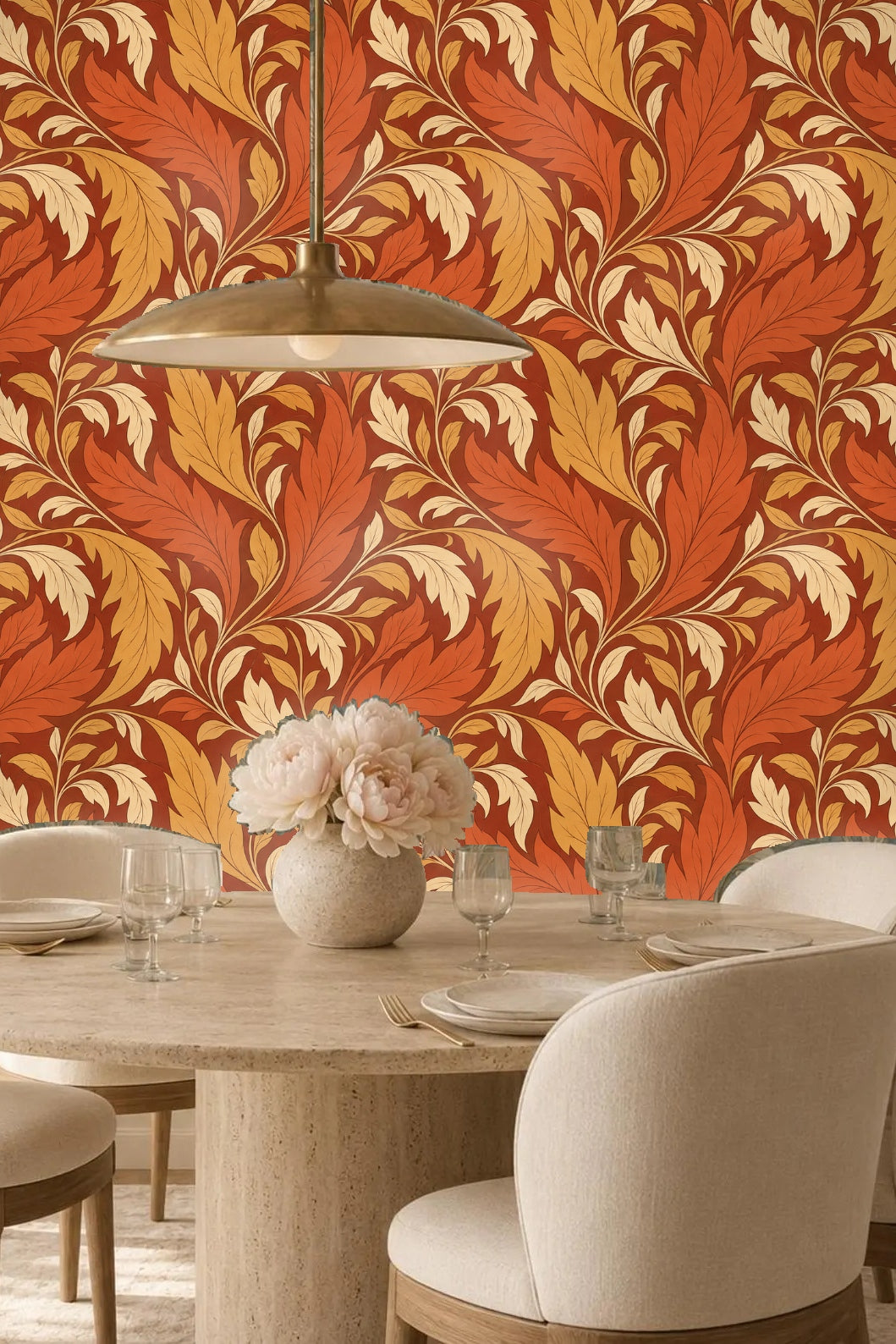 Interior wall view with acanthus leaf wallpaper behind wooden shelves and accessories.