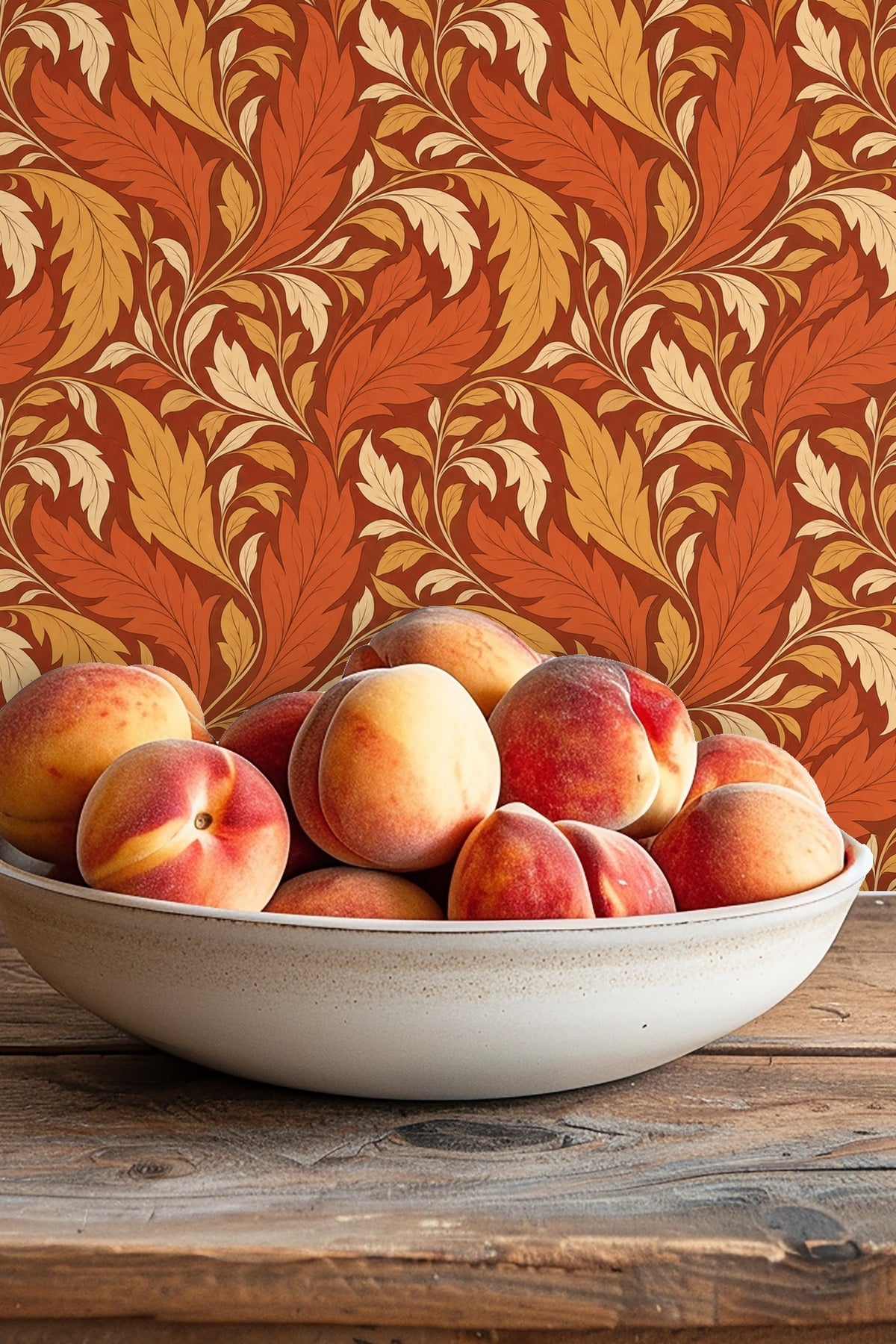 Wallpaper pattern showing broad, curled leaves in warm earth tones on a deep red backdrop.