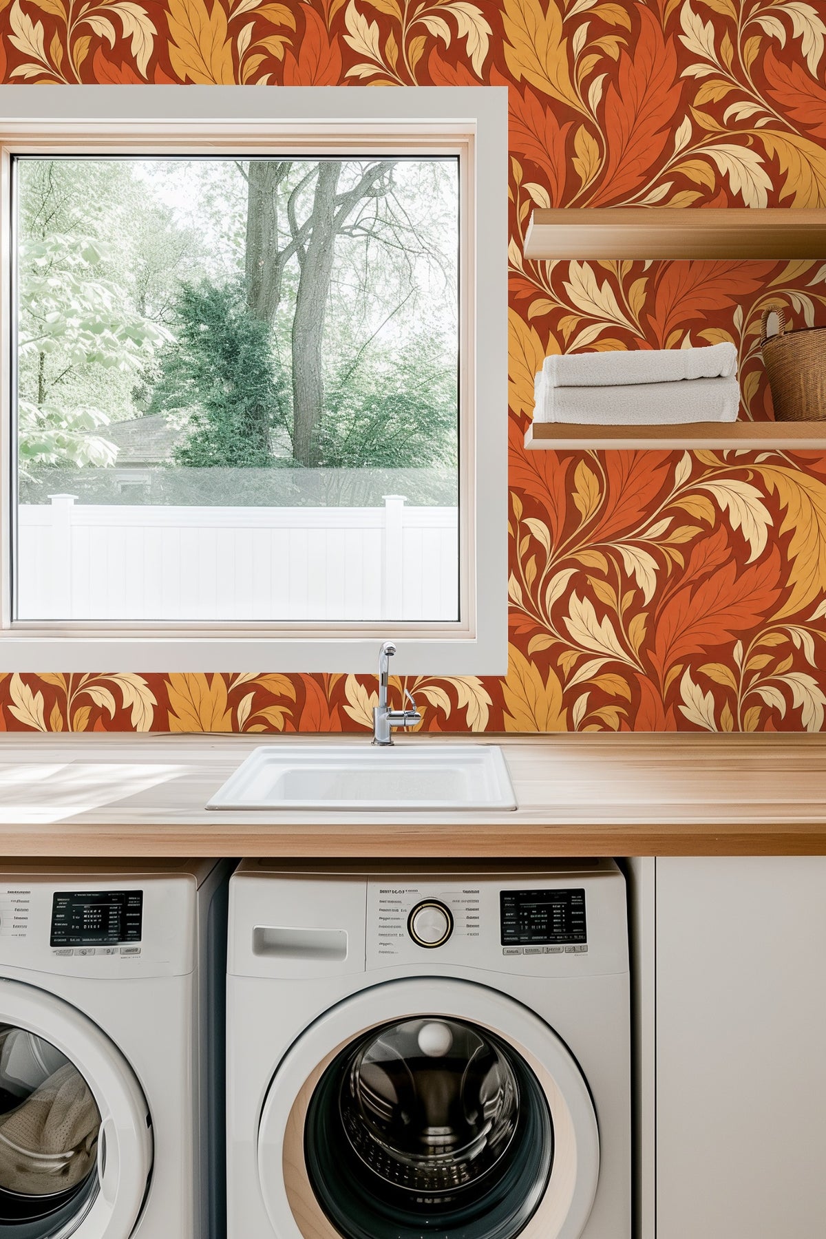 Close-up of candle and flowers against wallpaper with flowing acanthus motif in warm hues.