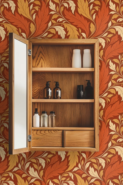 Wallpaper with burnt orange and mustard yellow acanthus leaves on brick red background.
