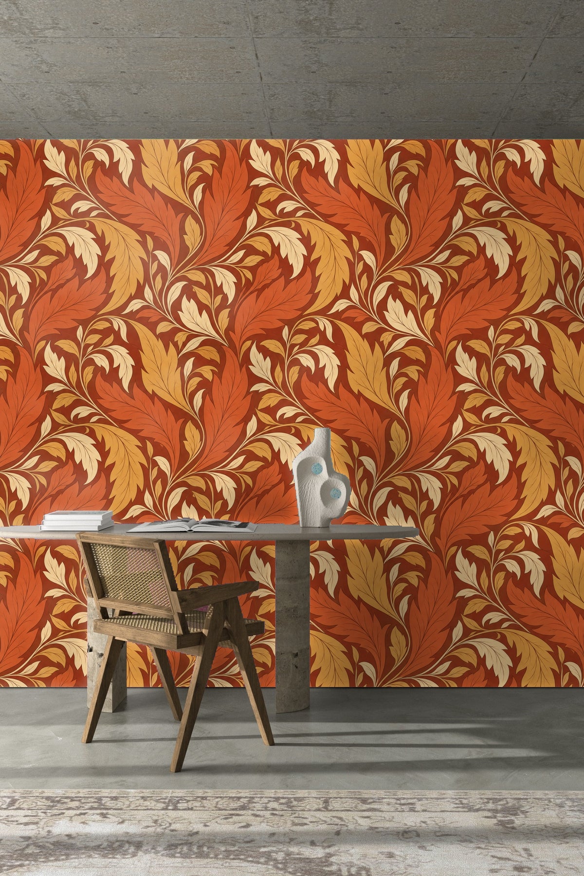 Leaf-shaped wallpaper motif with sharp, elegant edges in warm burnt colors.