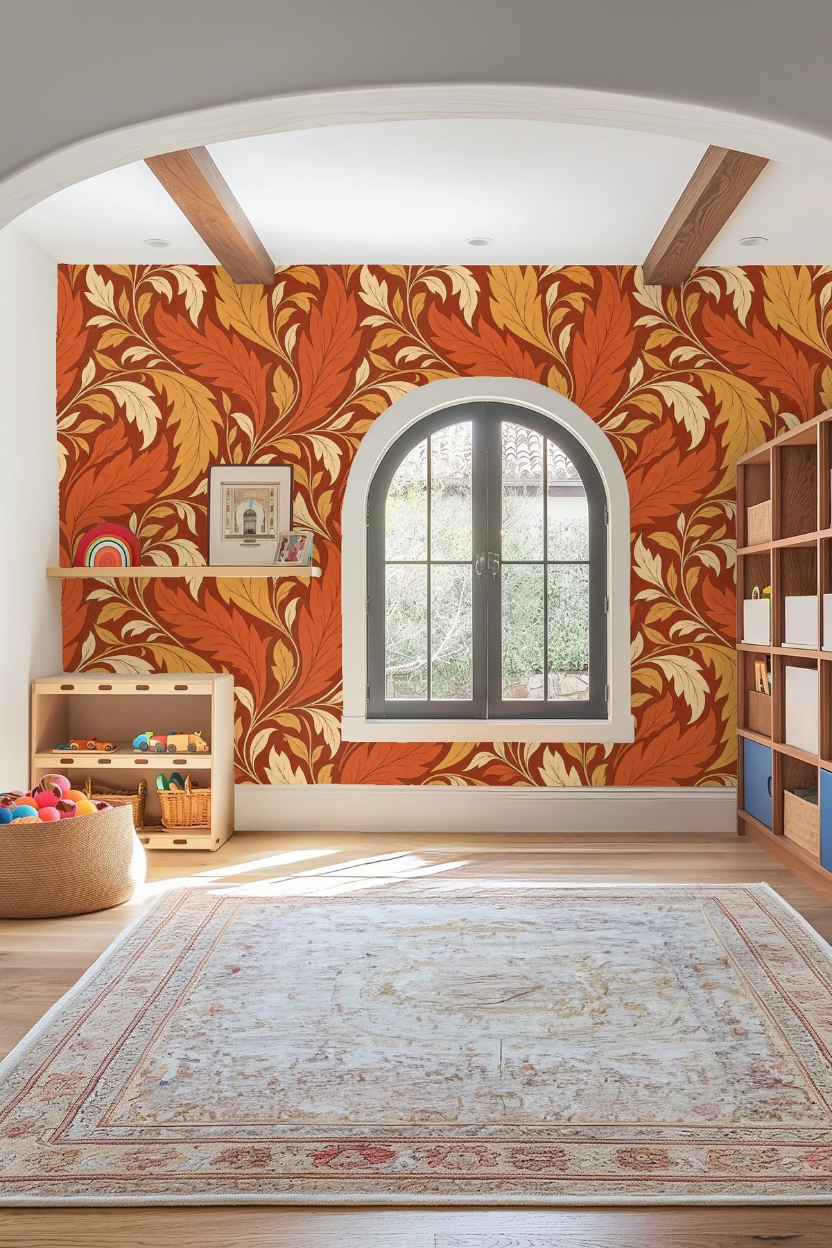 Close-up of wallpaper's leaf scroll with subtle shading and line work.