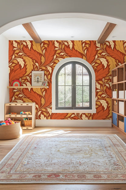 Close-up of wallpaper's leaf scroll with subtle shading and line work.