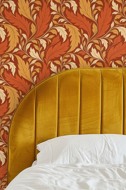 Detail of wallpaper acanthus leaf design showing leaf veins in muted yellow and red.
