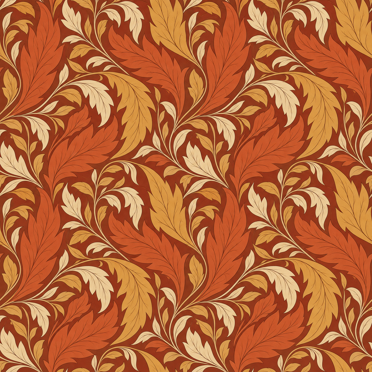 Interior decor with wallpaper patterned in autumnal leaves behind a simple wooden table.