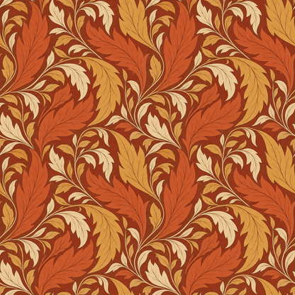 Interior decor with wallpaper patterned in autumnal leaves behind a simple wooden table.