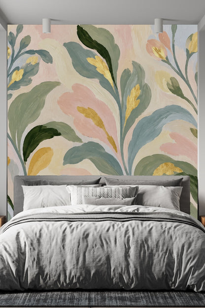 Living room featuring blush pink chair against Golden Leaf Dynasty wallpaper