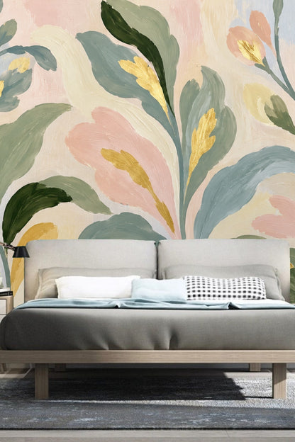 Gold leaf highlights on abstract floral wallpaper in soft tones