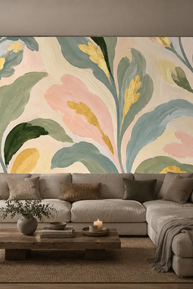 Artistically brushed wallpaper pattern with pastel and gold leaf motifs