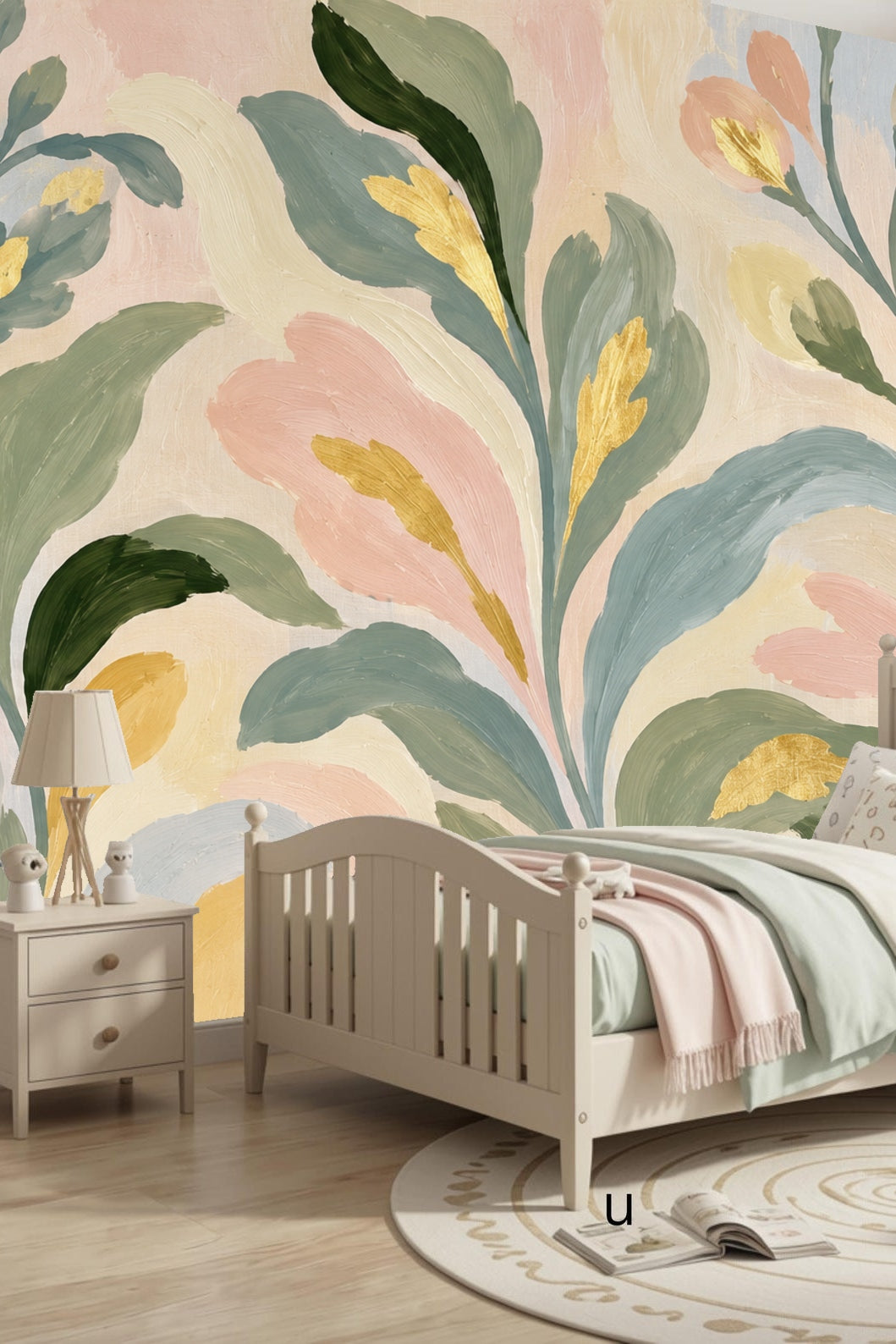 Pastel and gold botanical wallpaper creating a serene and elegant atmosphere
