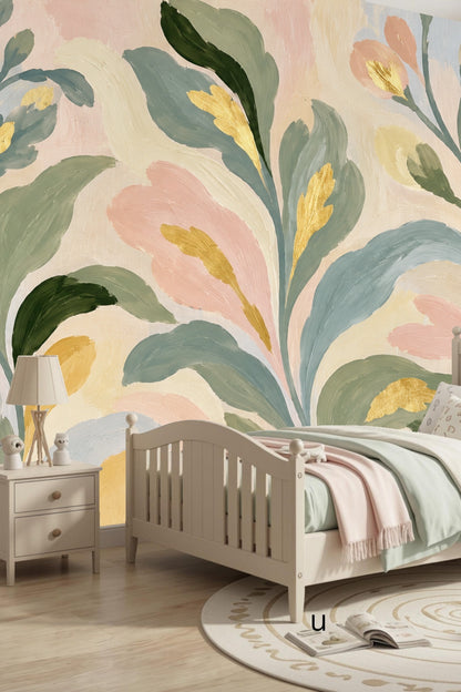 Pastel and gold botanical wallpaper creating a serene and elegant atmosphere
