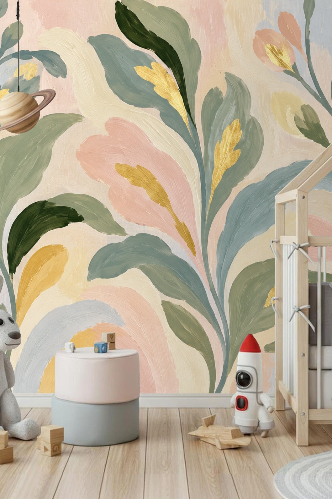 Close-up on textured brushstrokes of large pastel floral wallpaper