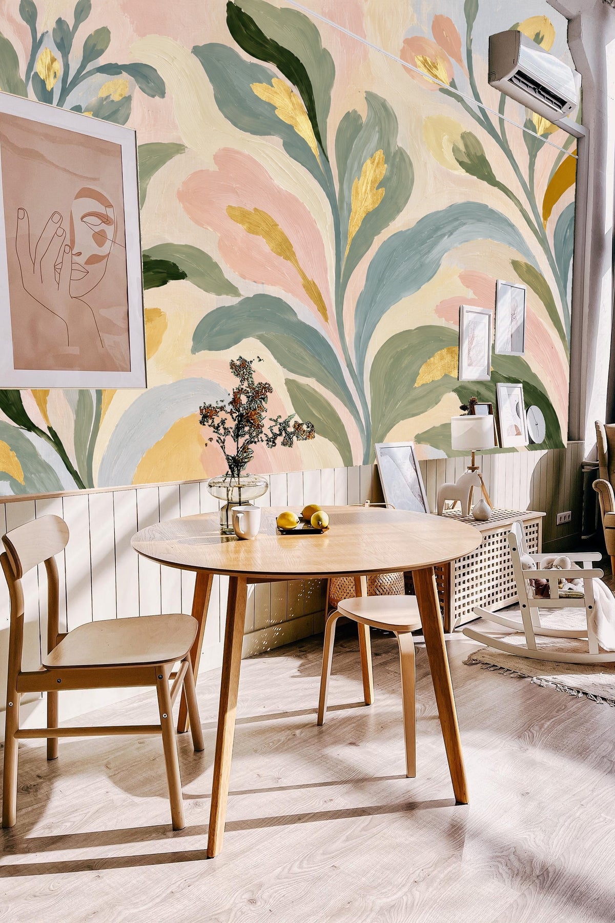 Painterly botanical wallpaper with pastel colors and gold detailing