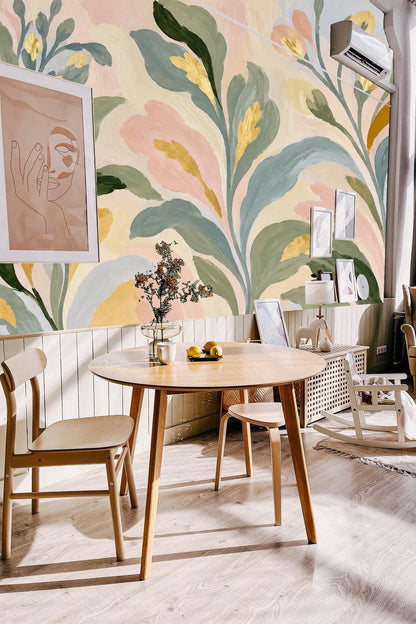 Painterly botanical wallpaper with pastel colors and gold detailing