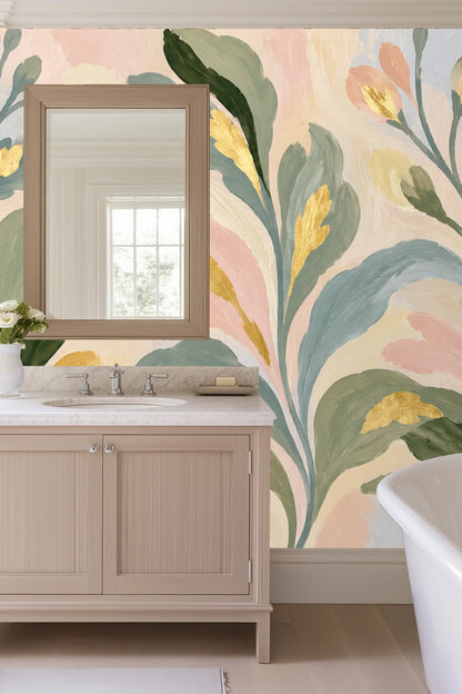 Soft flowing leaf shapes in pastel palette with delicate gold highlights