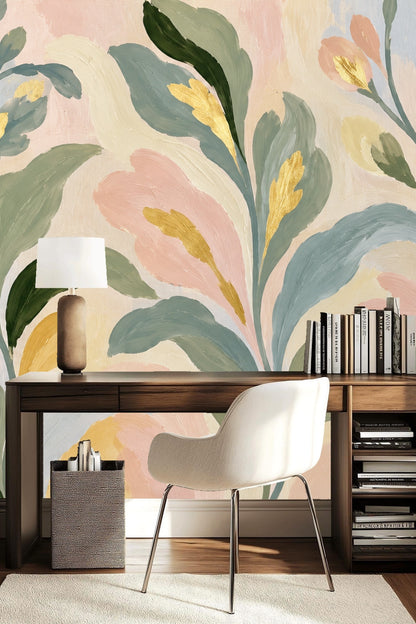 Detail of broad leaves in muted green and blush pink with gold leaf accents