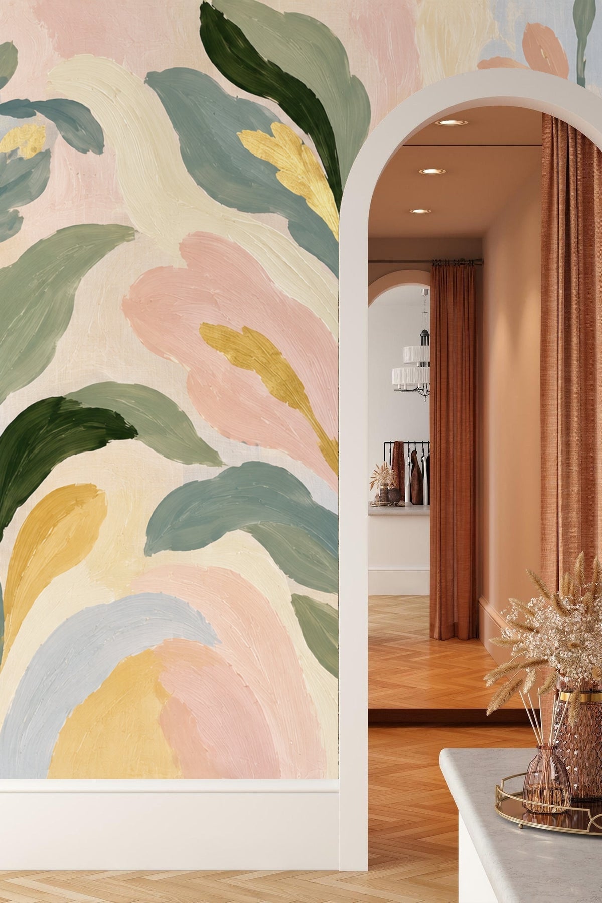 Stylish room with oversized leafy wallpaper pattern adding artistic charm