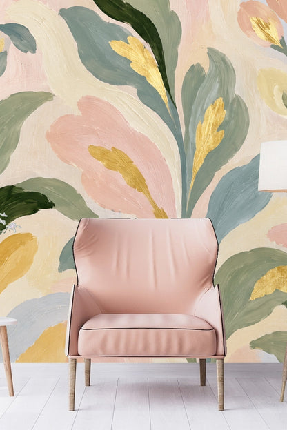 Close-up of wallpaper artwork showing soft pastel leaves with golden accents
