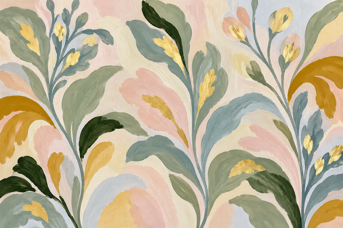 Serene bedroom wall with soft pastel floral wallpaper and gold accents