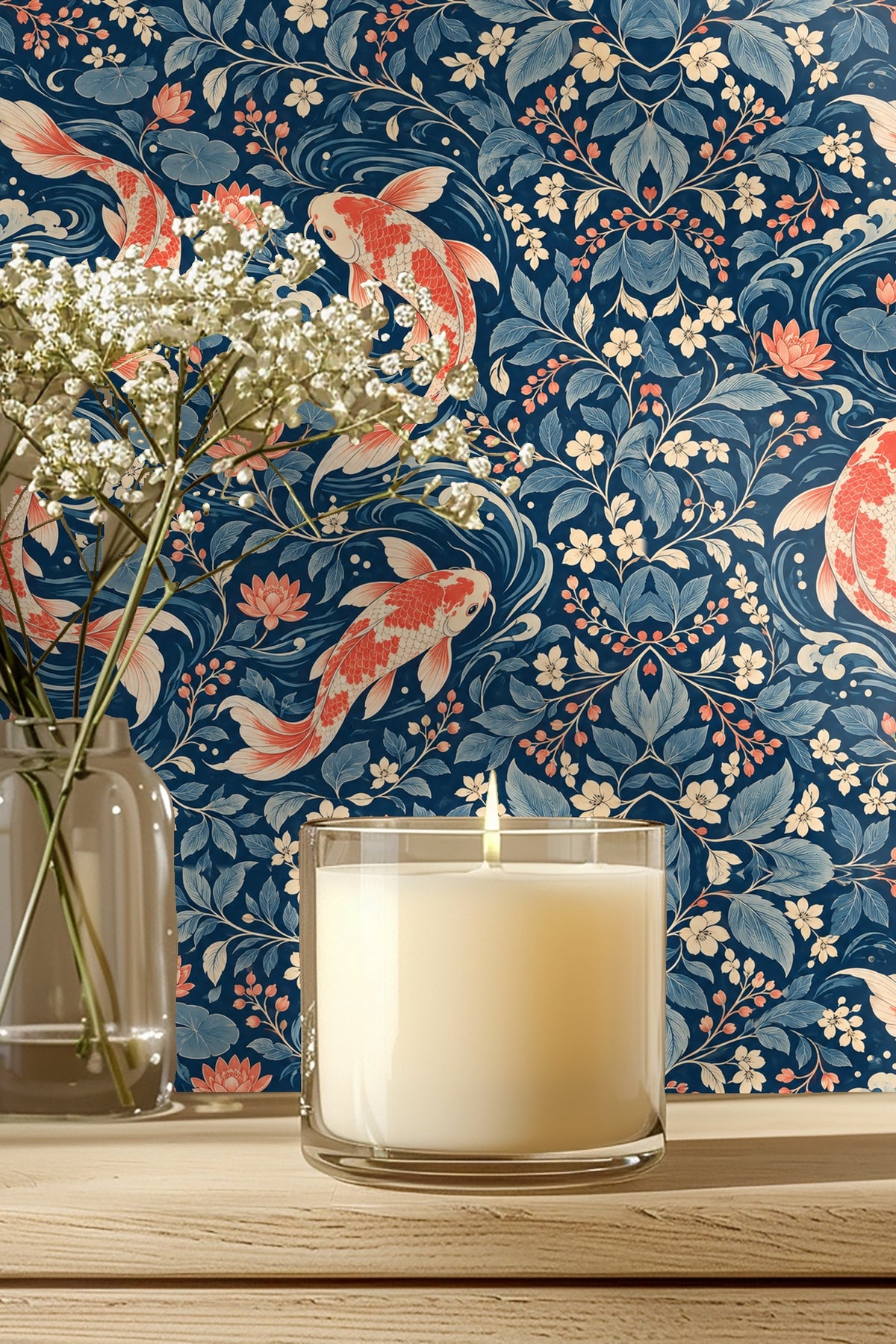 Living room wall with koi wallpaper in the background behind a beige sofa and wooden coffee table on a woven rug.