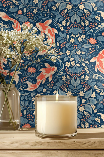 Living room wall with koi wallpaper in the background behind a beige sofa and wooden coffee table on a woven rug.
