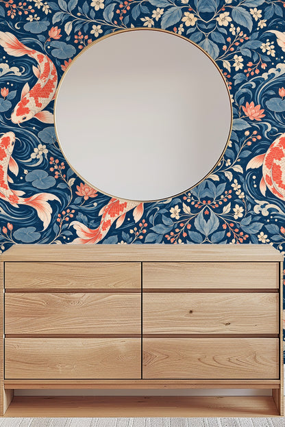 Decorative wallpaper featuring detailed fish and waves with refined color palette.
