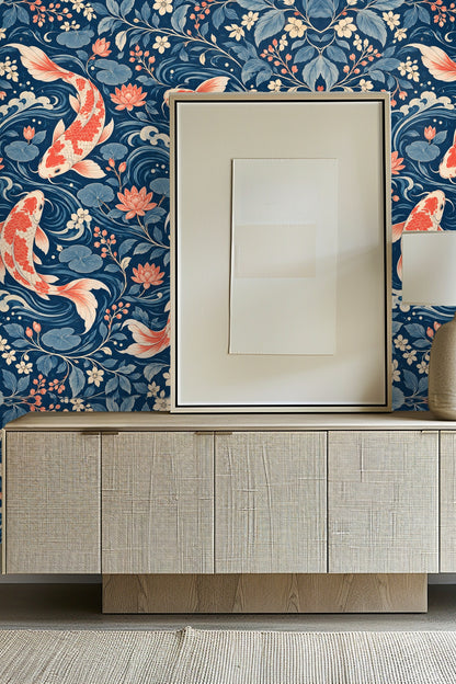 Pattern scale showing large koi motifs balanced with smaller floral elements for aesthetic harmony.