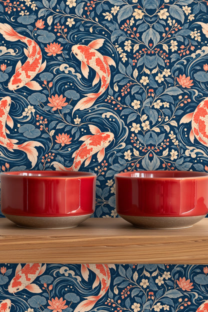 Pattern detail showing fish scales in coral hues and delicate leaves in muted blue tones.