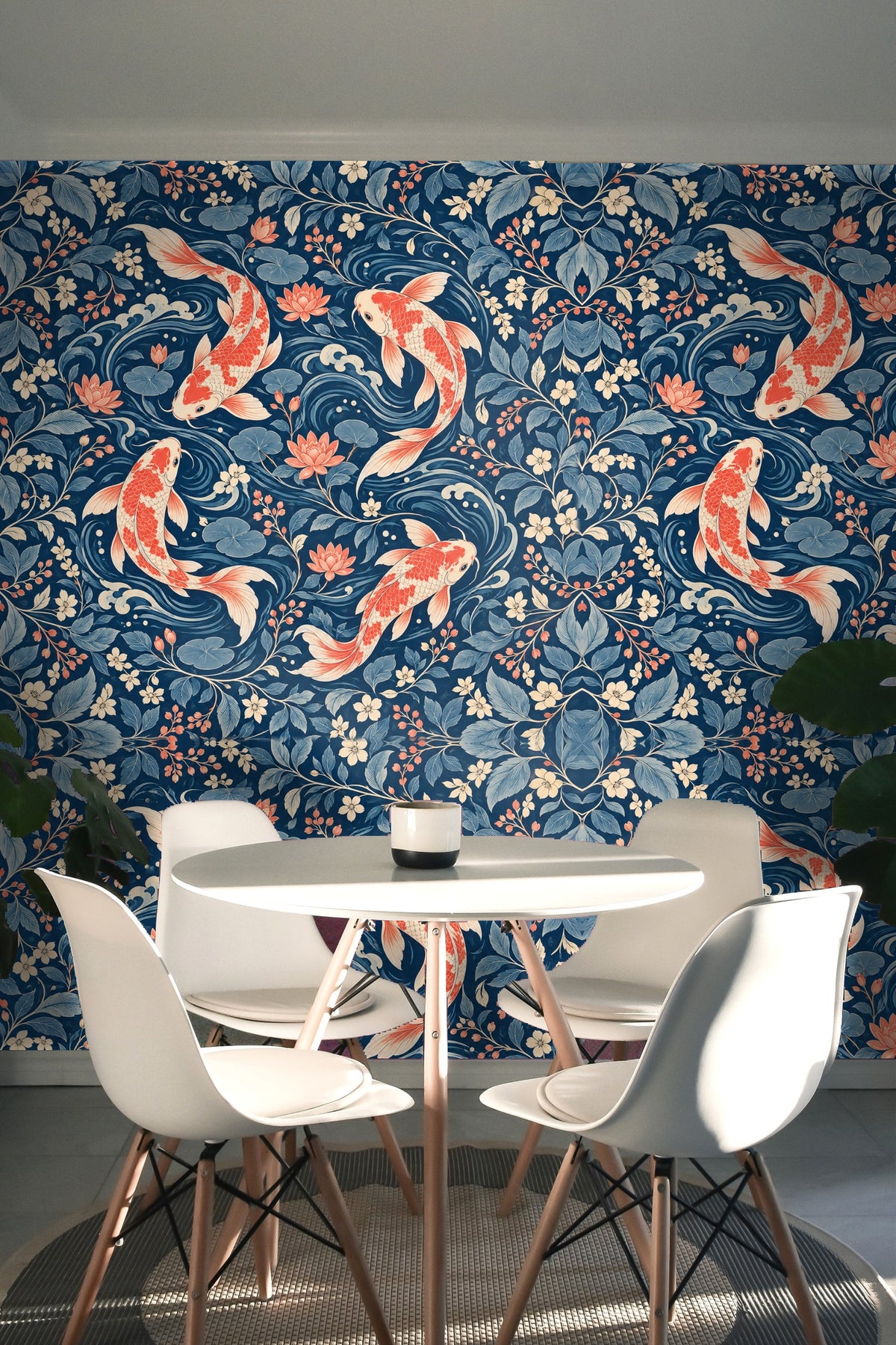 Soft peach blossoms and blue leaves interspersed with water ripples and swimming fish.
