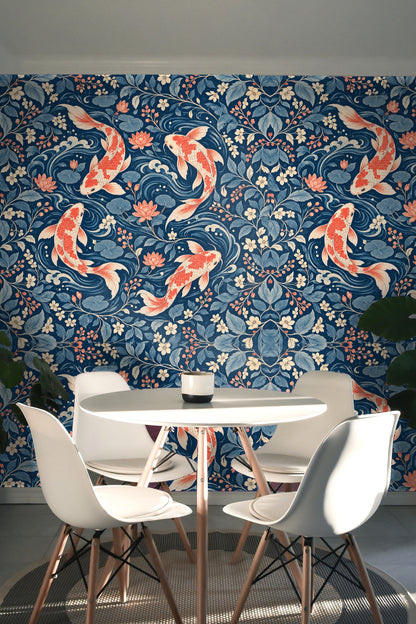 Soft peach blossoms and blue leaves interspersed with water ripples and swimming fish.
