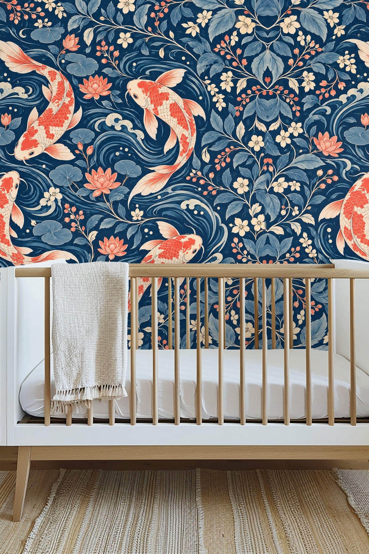 Bedroom wall covered in koi wallpaper behind an olive green velvet scallop-edged headboard with cream pillows.