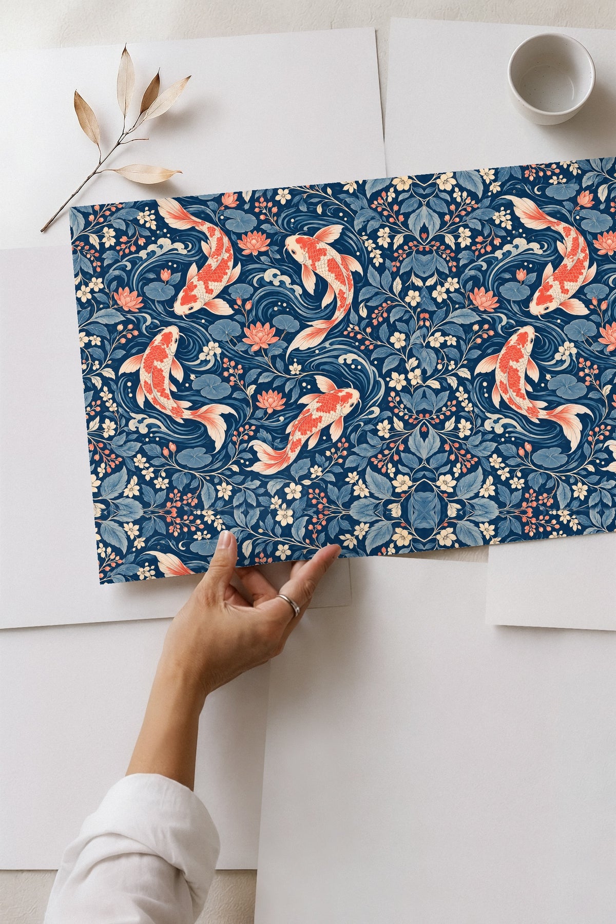 Vintage-inspired botanical illustration with vibrant aquatic theme in rich indigo and coral.