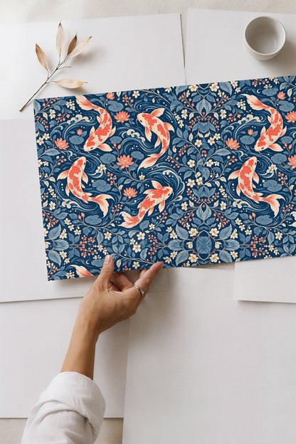 Vintage-inspired botanical illustration with vibrant aquatic theme in rich indigo and coral.