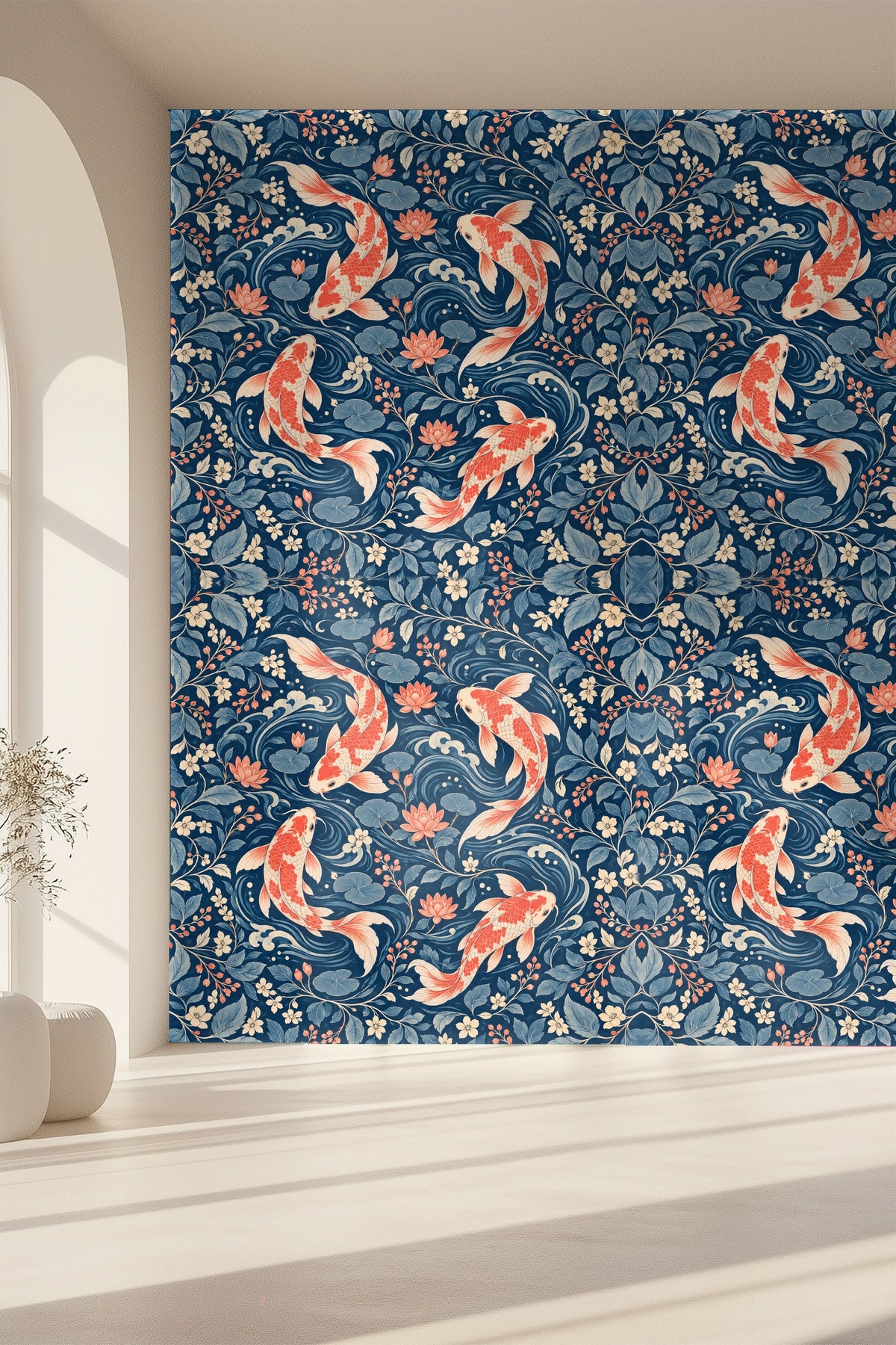 Floral and aquatic pattern with balance of color and intricate linework against a dark blue background.