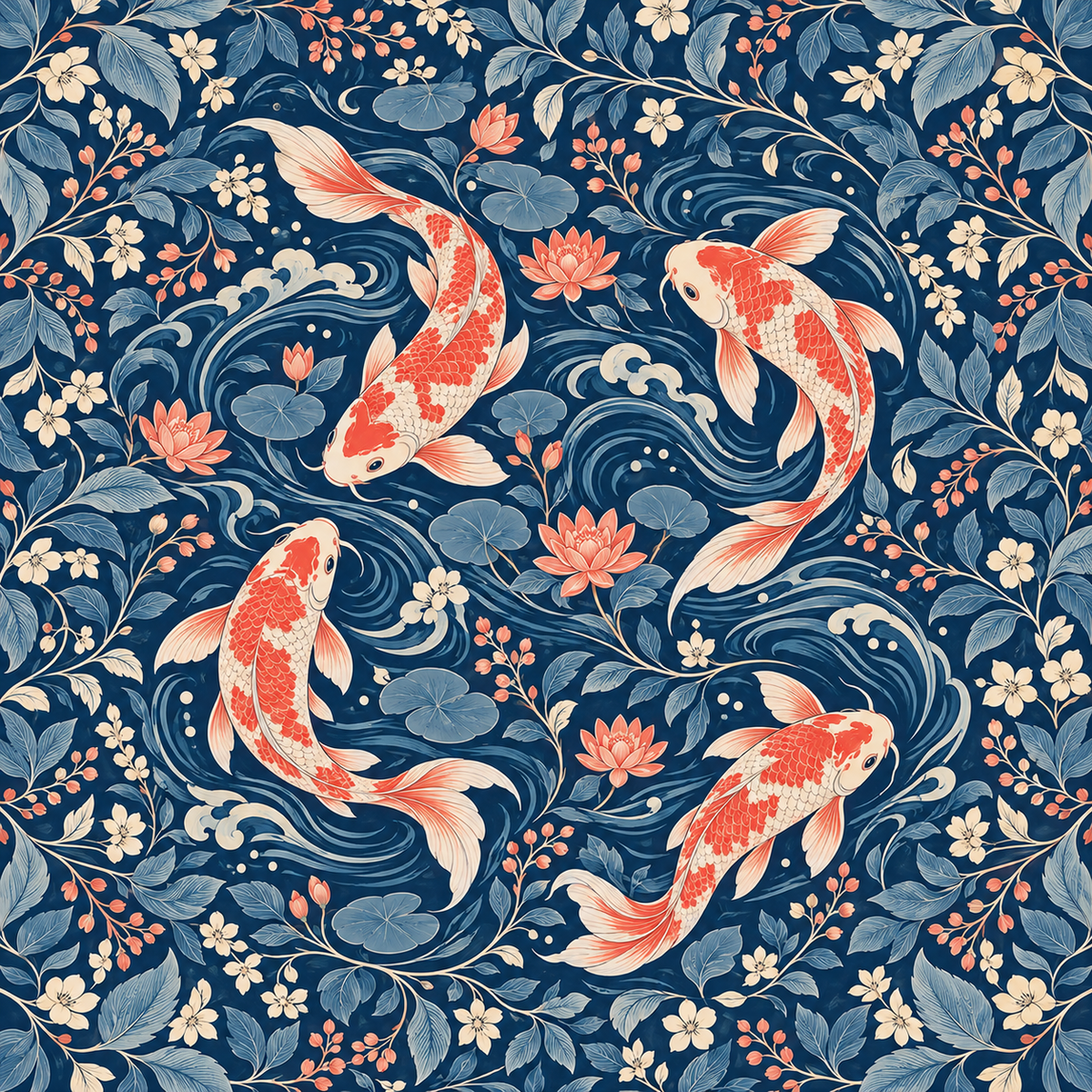 Art-forward wallpaper design blending traditional fish imagery with modern color story and detail. 