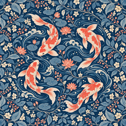 Art-forward wallpaper design blending traditional fish imagery with modern color story and detail. 