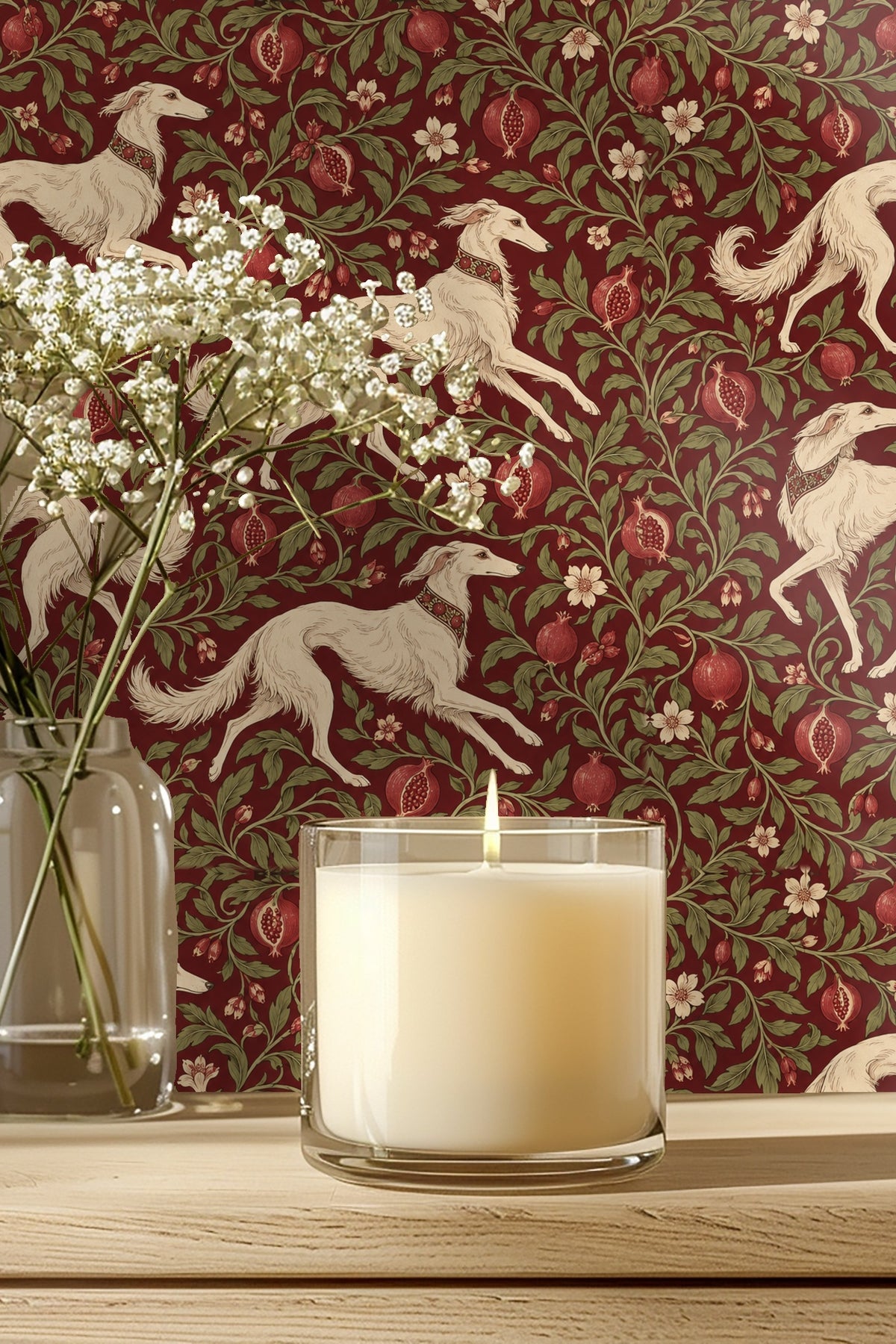 Detailed wallpaper pattern with cream Saluki dogs, pomegranates, and green leafy vines on deep red background